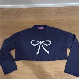 Edikted Navy Blue Sweater with White Bow Design women’s size extra small/small
